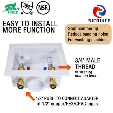 Washing Machine Outlet Box With Water Hammer Arrestor And One Quarter Turn Ball Valves Stop Hammering Noise Easy Install Inlet Half Inch Push To Connect Outlet Three Quarter Inch Male Thread Durable Brass Construction