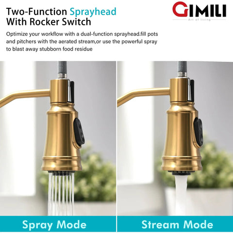 Touchless Kitchen Faucet With Pull Down Sprayer In Brushed Brass showing spray and stream modes with rocker switch