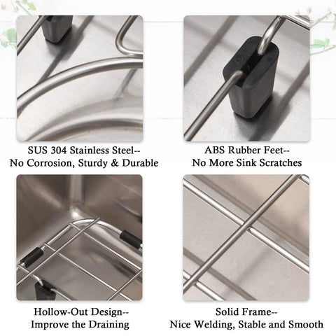 Close-up of stainless steel kitchen sink grid and protector featuring rubber feet, hollow-out design, and solid frame details.