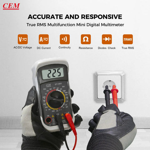 Versatile Digital Multimeter 600 Volt AC DC Voltage Meter with Backlit LCD Display testing outlet, gloves visible