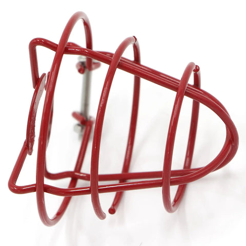 Built Like A Tank 1/2 Inch Fire Sprinkler Head Cage Guard Protector Bracket, red steel wire, welded design, top view.