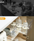 Total Game Changer Pull Out Cabinet Rails Kit Smooth Glide Drawer Slides 8 Pack Heavy Duty ABS Plastic Basket Organizer Guide Built Tough for Kitchens and Closets, before and after kitchen organization.