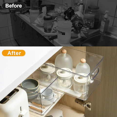 Total Game Changer Pull Out Cabinet Rails Kit Smooth Glide Drawer Slides 8 Pack Heavy Duty ABS Plastic Basket Organizer Guide Built Tough for Kitchens and Closets, before and after kitchen organization.