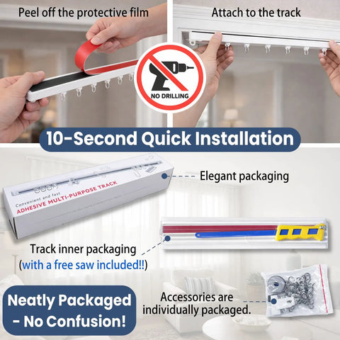 Self Adhesive Ceiling Curtain Track 10.9 Feet White No Screws No Drill Ceiling Mount Easy Peel And Stick Installation Works On Smooth Walls Curtain Track System For Drapes And Window Treatments, adhesive track with packaging and no-drill install