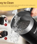 Close-up of 4 In 1 Electric Milk Frother And Warmer With Large 10oz Capacity, showing easy cleaning with water pouring out.