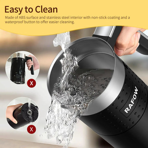 Close-up of 4 In 1 Electric Milk Frother And Warmer With Large 10oz Capacity, showing easy cleaning with water pouring out.