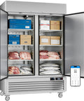 Top Tier Commercial Upright Freezer With Smart WiFi App Remote Control And Auto Defrost 49CuFt with meat and fish storage.