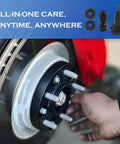 Hand applying Clean Sweep Rust Removal 5 Piece Wheel Hub Cleaning Kit With 3 Grinding Discs And Polish Pads Designed For Half Inch Drills Sedan Coupe And Pickup Trucks on hub.