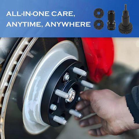 Hand applying Clean Sweep Rust Removal 5 Piece Wheel Hub Cleaning Kit With 3 Grinding Discs And Polish Pads Designed For Half Inch Drills Sedan Coupe And Pickup Trucks on hub.
