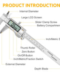 6 Inch Digital Caliper In Stainless Steel With Inch Metric And Fractions Conversion Large LCD Display Accurate To 0.01mm, labeled features