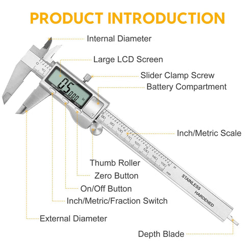 6 Inch Digital Caliper In Stainless Steel With Inch Metric And Fractions Conversion Large LCD Display Accurate To 0.01mm, labeled features