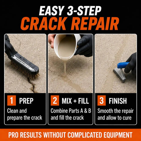 Easy 3-step guide for using the Fast Cure Urethane Concrete Crack Repair Kit For Driveways Garages And Patios Heavy Duty Two Part Mix.