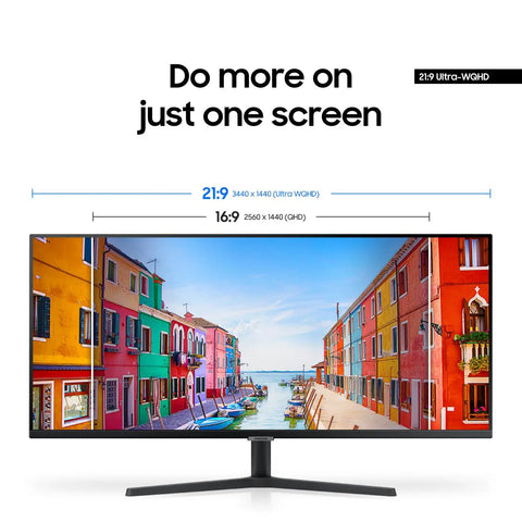 34 Inch Ultra WQHD Ultrawide Monitor With 100Hz Refresh, 5ms Response, HDR10, AMD FreeSync, Eye Care, Borderless Design, PIP PBP, 21 By 9 Desktop Multitasking For Gaming And Work, Black showing vivid colorful screen with dock scene