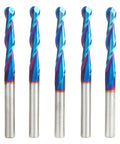 Top Tier 5 Pack CNC Router Bits With 1/4 Shank 1/8 Radius Ball Nose Profile in blue color for precise 3D carving.