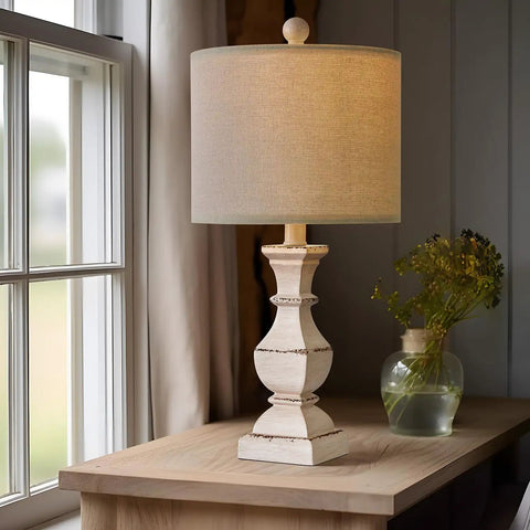 Mid Century Table Lamp Set Of 2 With Beige Resin Base And Linen Shades Retro Farmhouse Vibe For Living Room Or Bedroom Nightstand