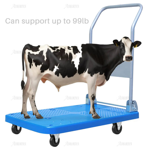 Cow on platform with 4 Pack 3 Inch Rubber Caster Wheels With Plain Plate Top For Shelves And Trolleys Heavy Duty Noiseless Rolling Each Wheel Supports 99 Lb Ideal Replacement For Warehouse Carts