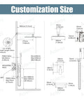 Technical diagram of Matte Black 12 Inch Rainfall Shower System With Shower Head Handheld Sprayer Tub Filler And Wall Mount Mixer Valve All Metal Brass Construction Luxury Rough In Kit Included showcasing dimensions and installation details.