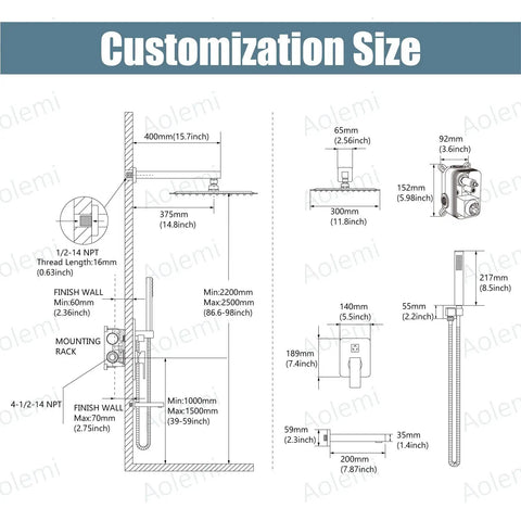 Technical diagram of Matte Black 12 Inch Rainfall Shower System With Shower Head Handheld Sprayer Tub Filler And Wall Mount Mixer Valve All Metal Brass Construction Luxury Rough In Kit Included showcasing dimensions and installation details.