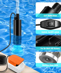 Smooth Operator Cordless Submersible Utility Pump Adapter For Dewalt 20V Batteries in water with hose and controls.