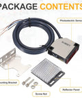 E3JK R4M1 Photoelectric Sensor 3A 12 to 24V DC Specular Reflection with bracket, reflector panel, and screws