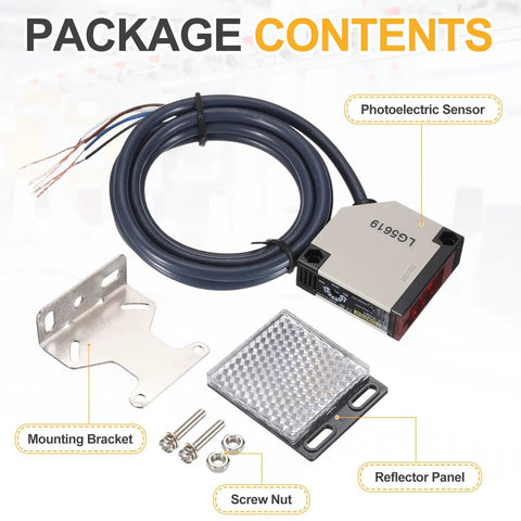 E3JK R4M1 Photoelectric Sensor 3A 12 to 24V DC Specular Reflection with bracket, reflector panel, and screws