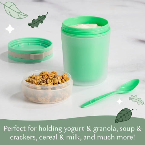 Double Wall Insulated Yogurt Container With Spill Proof For Real Lid Green Snack Cup holding yogurt with granola beside a spoon.