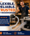 Kickass 4 Inch Pvc Dust Collection Hose 20 Feet Long attached to shop vac and table saw in a workshop setting.