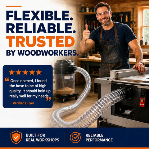 Kickass 4 Inch Pvc Dust Collection Hose 20 Feet Long attached to shop vac and table saw in a workshop setting.