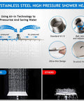 Infographic of Shower Head Combo With Brushed Nickel Finish 10 Inch Rain Shower Head and Adjustable Arm, highlighting features and design.
