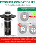 Universal Bathroom Sink Drain Strainer And Pop Up Stopper Hair Catcher with dimensions, fitting 1.1-1.45 inch drain openings.