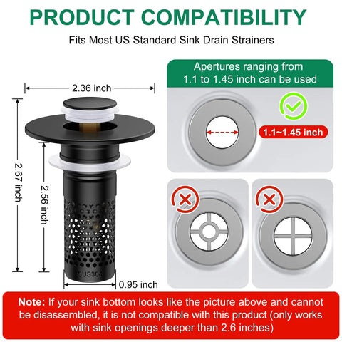 Universal Bathroom Sink Drain Strainer And Pop Up Stopper Hair Catcher with dimensions, fitting 1.1-1.45 inch drain openings.
