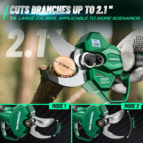 Cordless Electric Pruning Shears cutting 2.1 inch branch, LCD display, 21 Volt motor, dual 2000mAh batteries, sharp blades