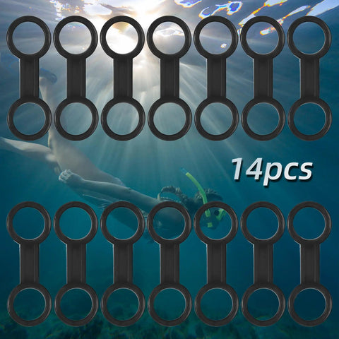 Silicone Snorkel Strap Keeper Clip Set Of 14 For Mask And Tube Replacement Dive Gear, underwater scene, plastic clips