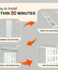 Instruction steps for installing Bypass Sliding Closet Door For A 96 Inch Wide Opening With 3 Lite Frosted Glass Panels Includes Hardware Track Kit And Floor Guide Pre Drilled Double Door Panels Ready To Assemble Space Saver For Bedroom Closets And Laundry