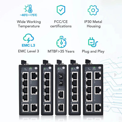 Workhorse 3 Port Unmanaged Industrial Ethernet Switch With Dual SC Fiber 100Base FX And 2 Fast Ethernet Ports, temperature specs shown