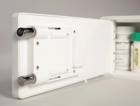 Lockable Safe For Meds With Patented Locking Mechanism Steel Reinforced Body Holds 7 Standard Bottles White Finish Open View
