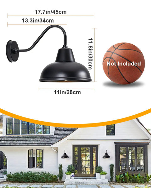 Gooseneck Barn Light Wall Sconce Outdoor Indoor Vintage Farmhouse Lighting Fixture Matte Black Exterior 2 Pack Weatherproof shown with dimensions next to a basketball for scale.