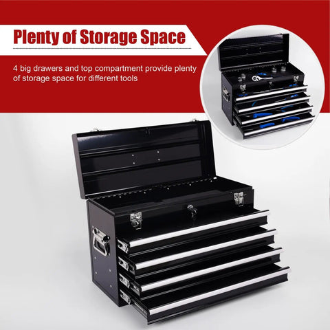 21 Inch Heavy Hitter Metal Tool Box With Four Smooth Drawers And Tight Auto Latching Steel Tool Chest Built Legit For Shop Grind And Weekend Warrior Gear Black open showing storage space.