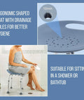 Height Adjustable Bath And Shower Chair For Seniors with ergonomic PUR foam seat and non-slip feet shown in a shower