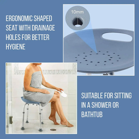 Height Adjustable Bath And Shower Chair For Seniors with ergonomic PUR foam seat and non-slip feet shown in a shower