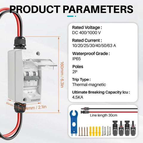 Heavy Duty Solar Disconnect Switch 1000V 30Amp DC Breaker Box Featuring Hella Weatherproof IP65 Housing with parameters and accessories.