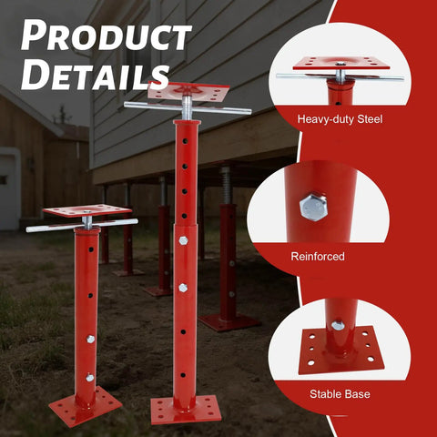 Real Deal Heavy Duty Adjustable House Floor Jacks Rated At 17500 Lbs, red heavy-duty steel jacks viewed from the side with stable base and height adjustment.