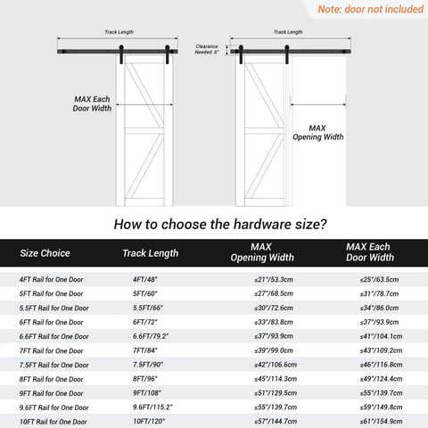 Diagram showing measurements and size guide for Sliding Barn Door Hardware Kit 5.5 Feet Built Tough Heavy Duty Track System.