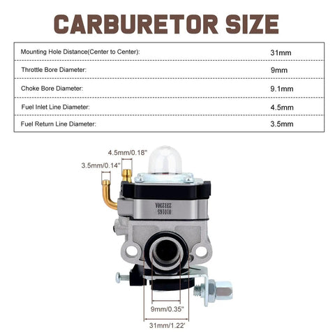 FG100 GX31 Carburetor Drop In Replacement For Honda FG100 Tiller GX22 GX31 Engine With Primer Bulb And Fuel Filter Kit dimensions