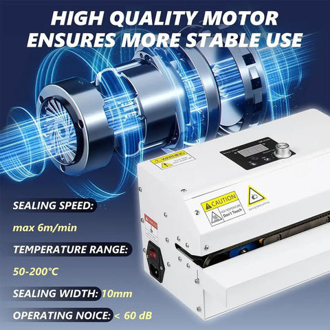 Premium Automatic Plastic Bag Heat Sealer Machine With Continuous Band Technology For Fast Food Packaging And Home Made Goods At High Speed. Close-up view of motor and control panel.