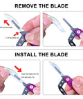 Instructions for blade removal and installation on Six In One EDC Multitool Carabiner Knife With Replaceable Blade Integrated Saw.