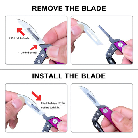 Instructions for blade removal and installation on Six In One EDC Multitool Carabiner Knife With Replaceable Blade Integrated Saw.
