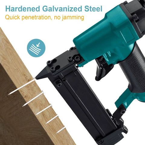 Built Tough 18 Gauge Brad Nails And Fasteners In Five Go To Sizes Packing 1500 Dead Reliable Spikes in a brad nailer driving nails into wood.