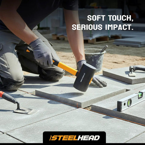 Person using 32oz rubber mallet from Five Piece Fiberglass Handle Hammer And Mallet Set for demolition and metal working on tiles.