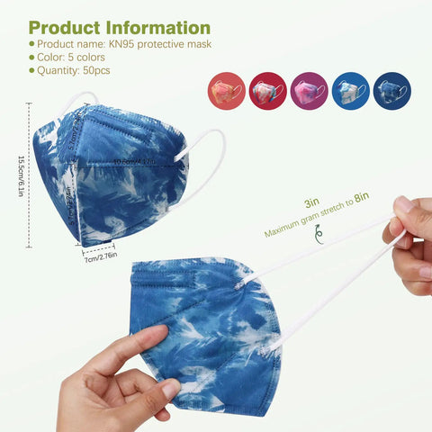 Hands holding a blue KN95 face mask, showcasing elastic ear loops and cup style design with product size information.
